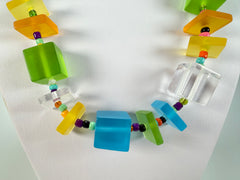 Jackie Brazil "Rome" Transparent Summer Frost Cubes & Squares Mix Colours 75cm Resin Necklace ( N0030 )