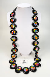 Jackie Brazil "Saturn" Black & Kandinsky Disc & Cylinder Long 110cm Necklace ( N0067 )