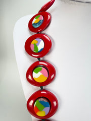 Jackie Brazil "Saturn" Red Gloss & Kandinsky Disc & Cylinder Long 110cm Necklace ( N0067 )