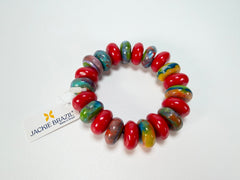 Jackie Brazil "Bela" Red Gloss & Kandinsky Elasticated Mini Wheels Resin Bracelet ( B0920 )
