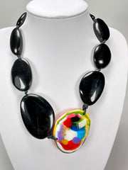 Jackie Brazil "Black Gloss & Kandinsky Stone" Short Flat Riverstones 50cm Necklace ( N3616 )
