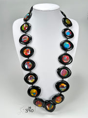 Jackie Brazil "Saturn" Black & Kandinsky Disk and Cylinder Long 75cm Necklace ( N0065 )
