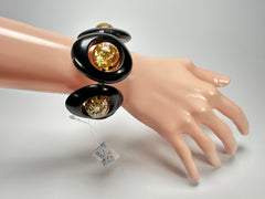 Jackie Brazil "Saturn" Black & Gold Flakes Disc & Ball Elastic Bracelet ( B0052 )