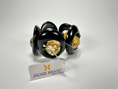 Jackie Brazil "Saturn" Black & Gold Flakes Disc & Ball Elastic Bracelet ( B0052 )