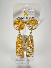 Jackie Brazil "Mel" Gold Flakes Stud & Leaf On Pin Resin Earrings ( E4500 )