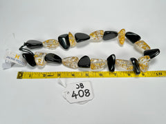 Jackie Brazil "Diamonds" Black Gloss & Gold Flakes Flintstone Bone 55cm Necklace ( N0061 )