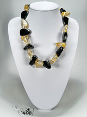 Jackie Brazil "Diamonds" Black Gloss & Gold Flakes Flintstone Bone 55cm Necklace ( N0061 )