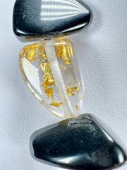 Jackie Brazil "Diamonds" Black Gloss & Gold Flakes Flintstone Bone 55cm Necklace ( N0061 )