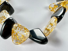 Jackie Brazil "Diamonds" Black Gloss & Gold Flakes Flintstone Bone 55cm Necklace ( N0061 )
