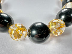 Jackie Brazil "Large Spheres" Black Gloss & Gold Flakes Short Abstract Necklace 50cm ( N2692 )