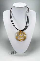 Jackie Brazil "Gold Flakes" Large Disk On Three Cords Resin Necklace ( N3800 )