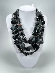 Jackie Brazil "Indiana" 3 Strand Multi-Bead Black Resin Necklace ( N0043 )