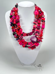 Jackie Brazil "Indiana" 3 Strand Multi-Bead Dark Pink Resin Necklace ( N0043 )