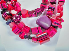 Jackie Brazil "Indiana" 3 Strand Multi-Bead Dark Pink Resin Necklace ( N0043 )