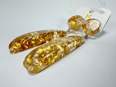 Jackie Brazil "Mel" Gold Flakes Stud & Leaf On Pin Resin Earrings ( E4500 )