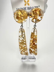 Jackie Brazil "Mel" Gold Flakes Stud & Leaf On Pin Resin Earrings ( E4500 )