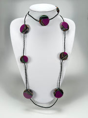 Jackie Brazil "Aida" Purple Swirls Discs With Beads Long Resin Necklace ( N3150 )