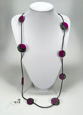 Jackie Brazil "Aida" Purple Swirls Discs With Beads Long Resin Necklace ( N3150 )