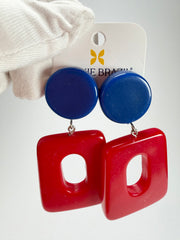 Jackie Brazil "Ruth" Red and Blue Gloss Trapez On Pin Resin Earrings ( E0010 )