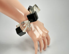 Jackie Brazil "Titan" Galactic Black & Clear Square Cubes On Elastic Resin Bracelet ( B2602 )