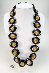 Jackie Brazil "Saturn" Black & Gold Flakes Disc & Ball Long 75cm Necklace ( N0052 )