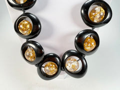 Jackie Brazil "Saturn" Black & Gold Flakes Disc & Ball Long 75cm Necklace ( N0052 )