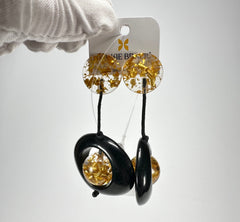 Jackie Brazil "Saturn" Black & Gold Flakes Disk & Ball on Cord Resin Earrings ( E0052 )