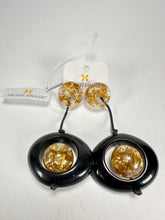 Jackie Brazil "Saturn" Black & Gold Flakes Disk & Ball on Cord Resin Earrings ( E0052 )