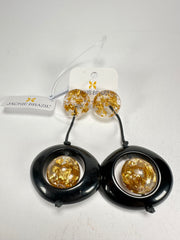 Jackie Brazil "Saturn" Black & Gold Flakes Disk & Ball on Cord Resin Earrings ( E0052 )