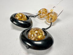 Jackie Brazil "Saturn" Black & Gold Flakes Disk & Ball on Cord Resin Earrings ( E0052 )