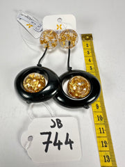 Jackie Brazil "Saturn" Black & Gold Flakes Disk & Ball on Cord Resin Earrings ( E0052 )