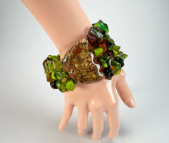 Jackie Brazil "Orient Express" 3 & 4 Beaded Strands with Leaf Pendant Green Mix Resin Bracelet ( B3544 )
