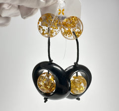 Jackie Brazil "Saturn" Black & Gold Flakes Disk & Ball on Cord Resin Earrings ( E0052 )