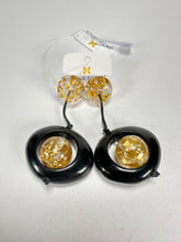 Jackie Brazil "Saturn" Black & Gold Flakes Disk & Ball on Cord Resin Earrings ( E0052 )
