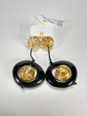 Jackie Brazil "Saturn" Black & Gold Flakes Disk & Ball on Cord Resin Earrings ( E0052 )