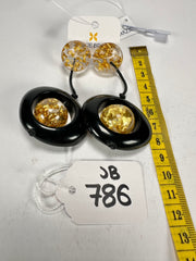 Jackie Brazil "Saturn" Black & Gold Flakes Disk & Ball on Cord Resin Earrings ( E0052 )