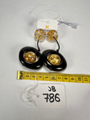 Jackie Brazil "Saturn" Black & Gold Flakes Disk & Ball on Cord Resin Earrings ( E0052 )