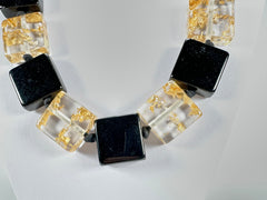 Jackie Brazil "Gala" Black & Gold Flakes Half Rectangles 65cm Necklace ( N0789 )
