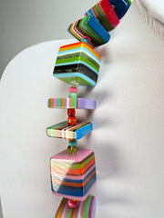Jackie Brazil "Rome" Liquorice All Sorts Cubes & Squares Mix Colours 75cm Resin Necklace ( N0030 )