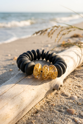 Jackie Brazil "Ana" Black Matt & Gold Flakes Mix Elasticated Wheels Resin Bracelet ( B0910 )