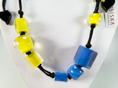 Zsiska - Colourful Beads & Cubes 14 Medium Bead Yellow & Blue Resin Necklace ( 60101230933Q14 )
