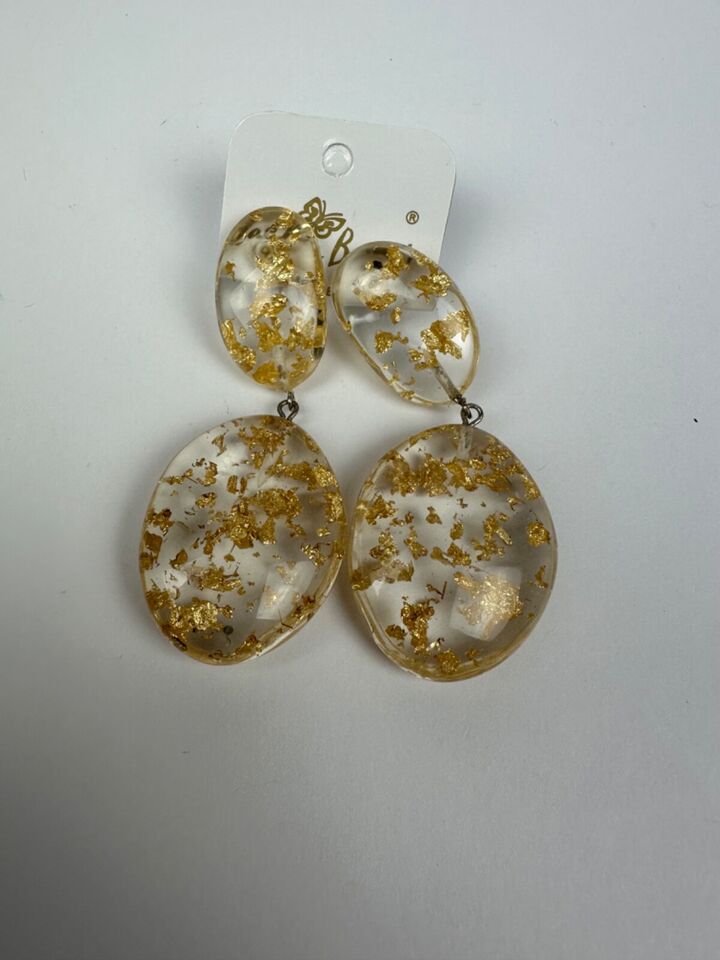 Jackie Brazil "Gold Flakes" Medium Riverstone Double Pendant Resin Earrings ( E3900 )