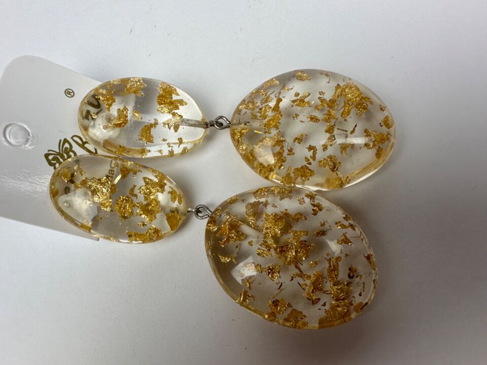 Jackie Brazil "Gold Flakes" Medium Riverstone Double Pendant Resin Earrings ( E3900 )