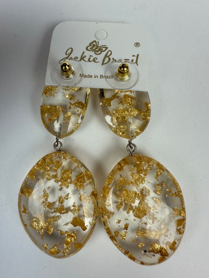 Jackie Brazil "Gold Flakes" Medium Riverstone Double Pendant Resin Earrings ( E3900 )