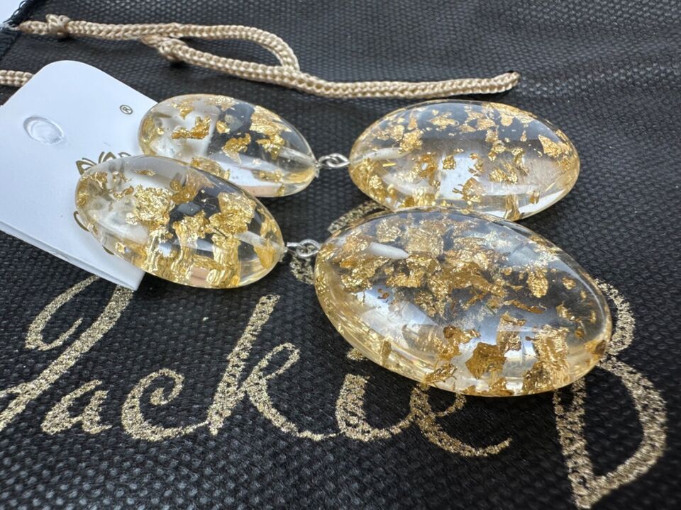 Jackie Brazil "Gold Flakes" Medium Riverstone Double Pendant Resin Earrings ( E3900 )