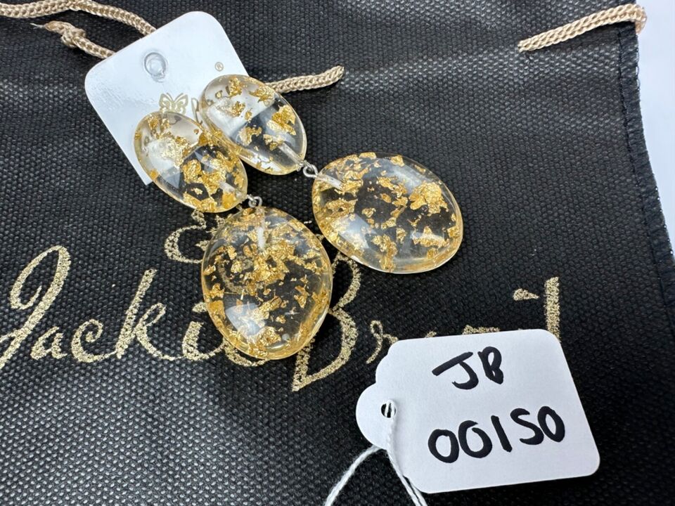 Jackie Brazil "Gold Flakes" Medium Riverstone Double Pendant Resin Earrings ( E3900 )