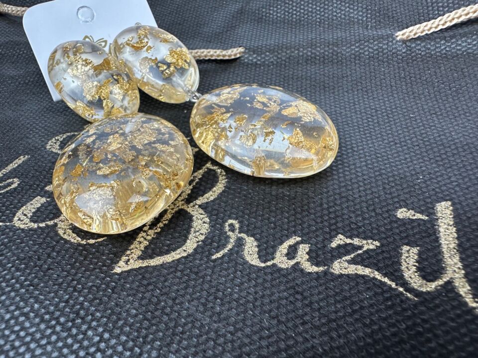 Jackie Brazil "Gold Flakes" Medium Riverstone Double Pendant Resin Earrings ( E3900 )