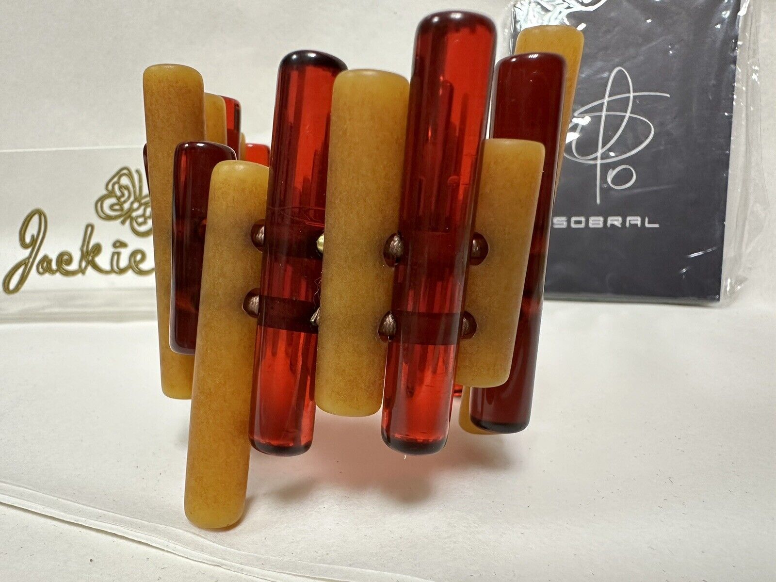 Jackie Brazil "Pipas" Thin Mix Tortoise & Prada Cylinders Resin Bracelet ( B2198 )