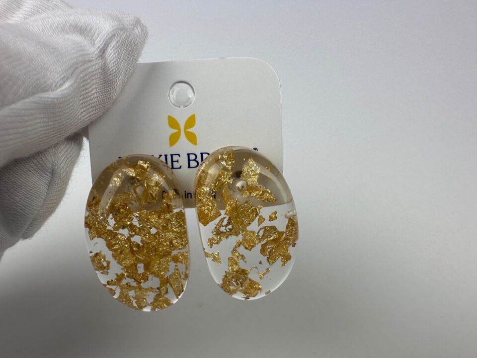 Jackie Brazil "Oval" Gold Flakes Single Stone Pendant Stud Resin Earrings ( E3608 )