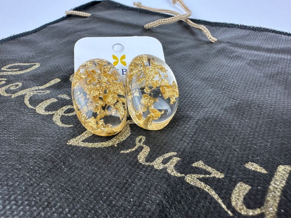 Jackie Brazil "Oval" Gold Flakes Single Stone Pendant Stud Resin Earrings ( E3608 )